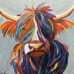 Creatief resultaat van een originele date idee in Breda. Op het schilderij is een lieve koe te zien met kleurrijke manen