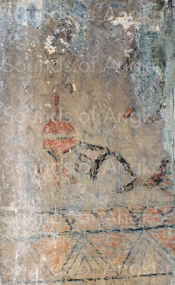 5. The fresco of the east angle's return shows a musician playing a pair of cymbals. The character wears a conical headgear similar to that of the other frescoes.