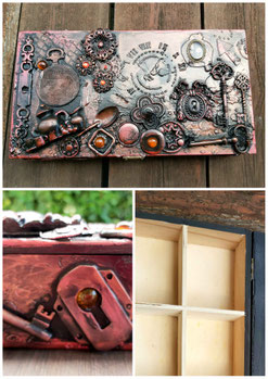 Boîte rectangulaires avec  compartiments peinte et cirée avec fond noir et colori rouge nuances de rouille  dessus sont collés des écroux, des vis, des engrenage, des fourchettes creation artisanale Lideatelier chambery savoie