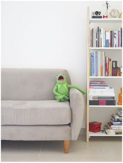 une peluche verte rigole sur un canape gris