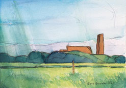 Aquarell mit Kugelschreiber Kunstblog Blogbeitrag Aquarellmalerei Kurse Farbe Landschaft Kirchturm Pellworm