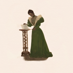 Lady in dark green late Victorian Dress, Illustration by Epochs of Fashion