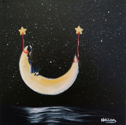 Japanese Nihonga painting a little girl is standing on the moon reaching for a star and her dreams above the water at night surreal artwork for your home art for sale