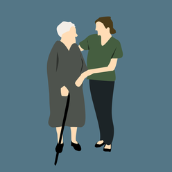 Zeichnung mit einer älteren Frau mit Gehstock, die von einer anderen Frau gestützt wird