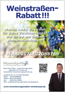 Bild Plakat zum Weinstraßen-Rabatt Maximilian Moos, Versicherungsmakler Neustadt an der Weinstraße