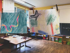 Ich sehe überall » Zugvögel «. Hier in einem Klassenzimmer, in dem ich mit Grundschülern zum Klavierspielen verabredet war.