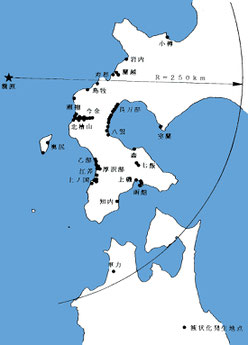 図1　北海道南西沖地震の震源の位置と液状化発生地点（陶野,1998）