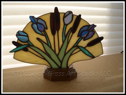 Blue Tulip and Iris Stained Glass Accent Fan Lamp