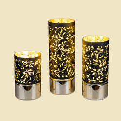 Deko-Licht schwarz-gold 8x15cm, 8x25cm und 8x20cm aus mattem Farbglas mit LED-Licht, Ranken-Dekor und goldener Innenfarbe + Timerfunktion; für 3x AA 1,5V Batterien