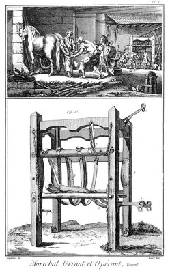 Charras d'Hier et d'Aujourd'Hui - Charras - 16 - d'après l'encyclopédie de Diderot - atelier du maréchal-ferrant - travail pour ferrer les chevaux - trémail