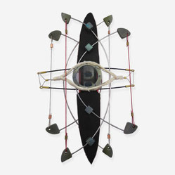 "VISIONS" 2021 (brooch) methacrylate, copper, steel, aluminium, titanium, copper sulphate crystal,vinyl,suede   12 x 7,5 x 4,5 cm.  18 gr.