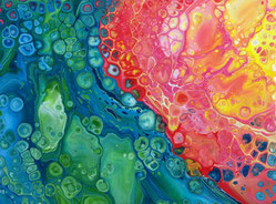 Acrylic Pouring Bild Double Flip Cup in blau-grün und rot-gelb mit vielen Zellen