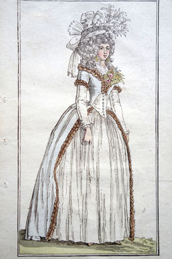 Fashion plate print of woman in white Rococo robe, Journal des Luxus und der Moden, c. 1788.  - Rococo dress fichu
