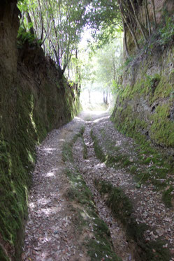 Noch ein Hohlweg, der in einen sonnigen Talweg mündet 