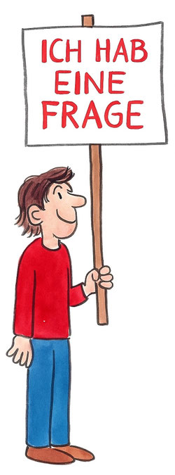 Illustration eines Mannes, der ein Schild mit dem Text ‚Ich hab eine Frage‘ hält – Symbol für Kontaktaufnahme und Zusammenarbeit mit bricklebrit im Bereich ADHS und Geldmanagement.