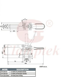 Drawing horizontal toggle clamp with horizontal mounting base CH-225 und CH-225-DI