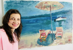 Keti Berisha mit Bild von Gazmend Freitag "Keti's Lieblingsstrand in Albanien in Albanien" 2024, Öl auf Leinwand, 120 x 80 cm