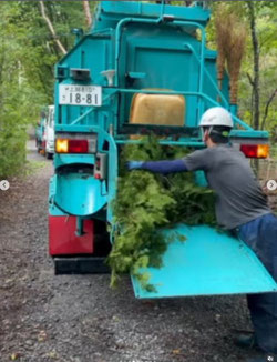 落下した枝木を粉砕車で粉砕処理