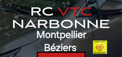 Visuel du service de RC VTC Narbonne proposant des chauffeurs de VTC à Narbonne, Montpellier et Béziers, avec une voiture en arrière plan.