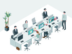 オフィスのデスクで仕事する社員たち。