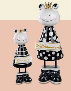 Frosch schwarz-weiss mit Krone + Schild 17cm und 25cm aus glasiertem Steingut gefertigt und mit Lithografie-Dekor verziert