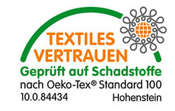 Öko-Tex Standard 100 Siegel mit der Aufschrift „Textiles Vertrauen – Schadstoffgeprüfte Textilien nach Öko-Tex Standard 100“.