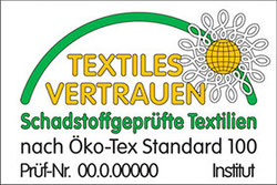 Öko-Tex Standard 100 Siegel mit der Aufschrift „Textiles Vertrauen – Schadstoffgeprüfte Textilien nach Öko-Tex Standard 100“.