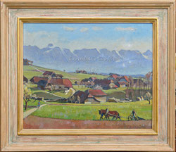 Nr. 4338 Dorflandschaft mit Bauernszene und Stockhornkette