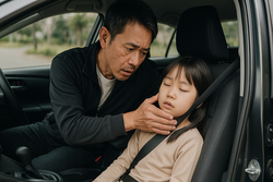 交通事故直後に父親が同乗する子供の意識を確認している場面。まずは怪我や意識の有無を確認し、必要に応じて救急へ連絡することが最優先の対応