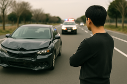 事故後にドライバーがスマートフォンで相手車両のナンバープレートを撮影している様子。保険手続きや後日の確認に必要となる大切な証拠記録