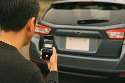事故後にドライバーがスマートフォンで相手車両のナンバープレートを撮影している様子。保険手続きや後日の確認に必要となる大切な証拠記録