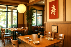 オーランドにある日本人オーナーの和食レストラン店内写真。木製のテーブルと椅子、赤い「寿」の掛け布、和の雰囲気漂うインテリアで、本格的な和食と心のこもったサービスが楽しめるお店。