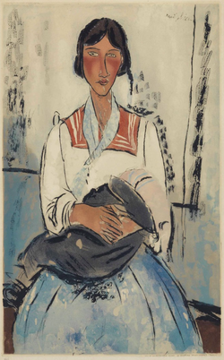 VENDU AFTER AMEDEO MODIGLIANI (1875-1963), BY JACQUES VILLON (1875-1963) L'Italienne aquatint in colours, 1926-27, on wove paper, with the stamped signature (as issued),edition 200, published by Berheim-Jeune, Paris, expose à la galerie agnes thiebault