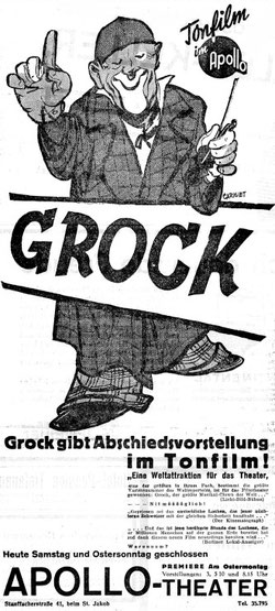 Kinoinserat von Grocks erstem Tonfilm, erschienen in der Neuen Zürcher Zeitung vom 4. April 1931.