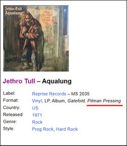 Discogs-Eintrag: Pitman Pressung - "Jethro Tull - Aqualung" (USA 1971)