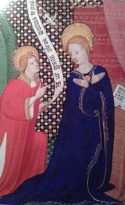 Encarnación, miniado en libro de oraciones del s. XVI, Museo Diocesano de Colonia (Alemania)