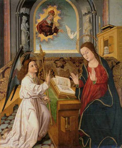 Cuando el ángel está arrodillado y la Virgen lleva vestido rojo se desea representar la Encarnación. Si el ángel está de pie, y María, vestida de blanco, representa la Anunciación