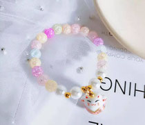 Set 3 Braccialetti Portafortuna Maneki Neko In Ceramica - Gatto Giapponese Con Campana Regolabile