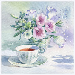 水彩画 午後の憩い、花と紅茶「アフタヌンティー」福井良佑