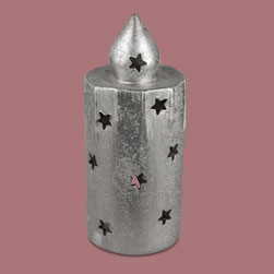 Windlicht Kerze 35cm aus Keramik mit matter, antik-silberner Oberfläche und Stern-Durchbruch, Boden mit Filz-Sticker