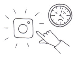 Grafik "Automatismus": mit Fineliner gezeichnet, Zeigefinger, der auf Instagram-Zeichen drücken will, eine Uhr mit traurigem Gesichtsausdruck