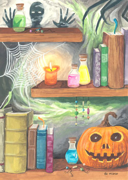 Gouachebild "Lesezeichen": gruseliges Bücherregal mit dunklem Wesen, Halloween-Kürbis, Spinnennetz und Kerze