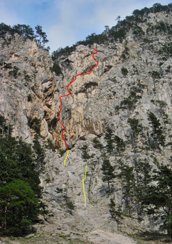 rot - ungefährer Routenverlauf ÖAK-Steig, gelb - Zustiegsseillängen