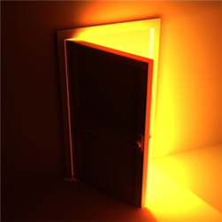 una porta aperta con luce calda nella stanza
