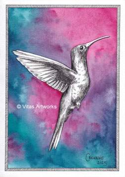 filigranes Kolibri Kunstwerk - gemalt mit Aquarell und Tinte