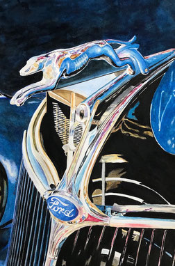 Blue, Ford, Hood Ornament, Greyhound, Watercolour, Water Colour, Reflections  carshow