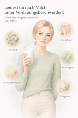 Illustration einer Frau mit einem Glas Milch und typischen Symptomen einer Laktoseintoleranz wie Blähungen, Bauchschmerzen, Durchfall und Völlegefühl.