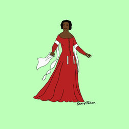 Illustration of lady in red medieval cotehardie on green background © Epochs of Fashion