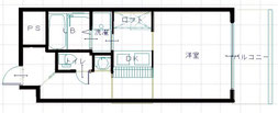 松山市本町6丁目「ロータリー本町」6階618号室の1K間取り図。西向き角部屋、オール電化、対面キッチン、ユニットバス、室内洗濯機置き場あり。