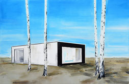 Matthieu van Riel Schilderijen. Landscape with Pavilion and Birches 106x162cm olie op canvas 2021